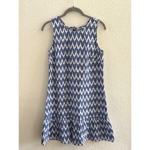J Crew Bowback Ikat Blue Print Dress LINEN Vacation Summer Boho Tribal Sz XS